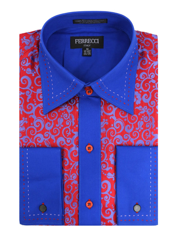 Ferrecci Men's Satine Hi-1017 Red & Blue Scroll Button Down Dress Shirt