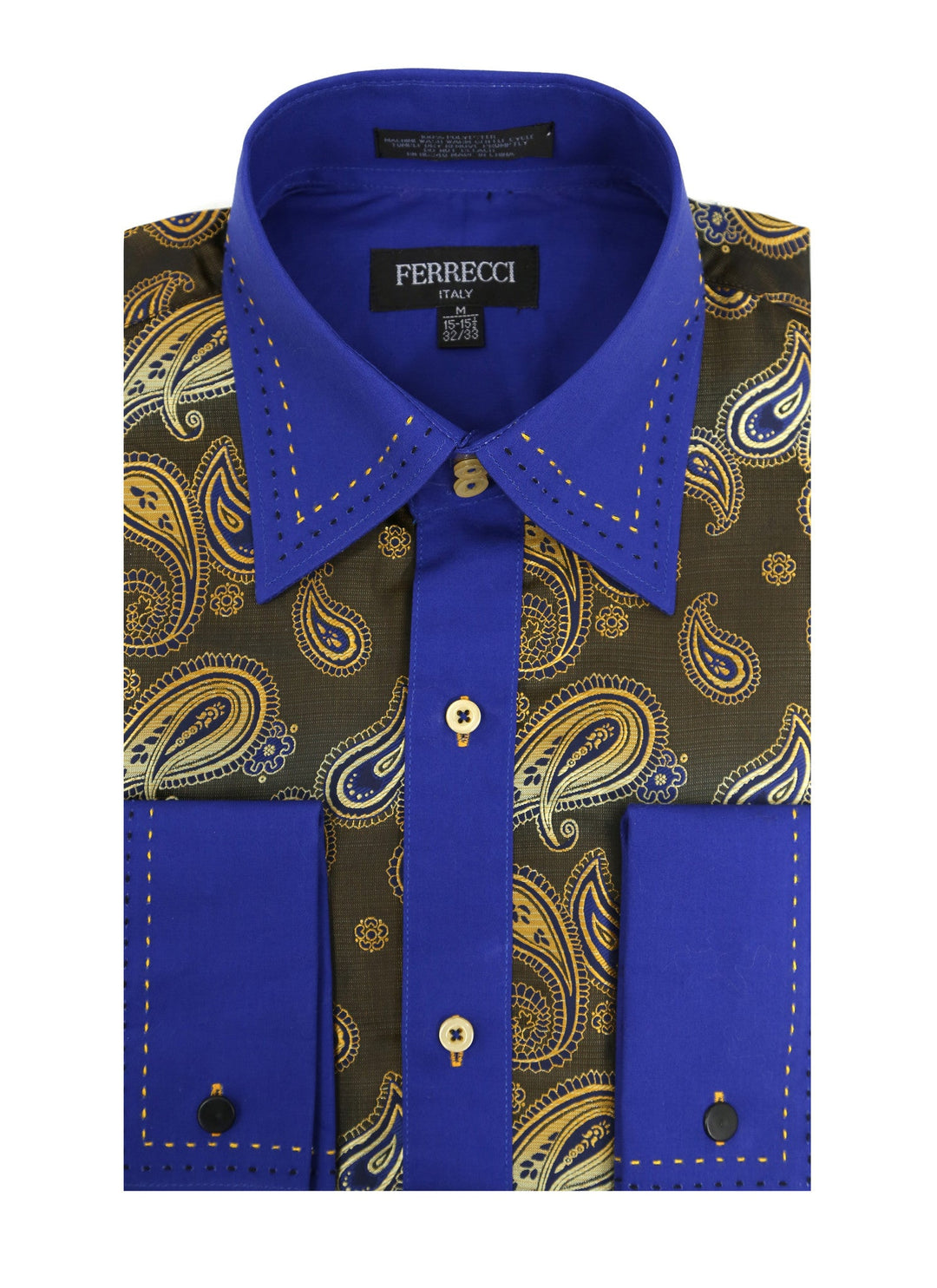 Ferrecci Men's Satine Hi-1019 Blue & Gold Tone Paisley Button Down Dress Shirt 22. 5XL 36-37 Sleeve Ferrecci Men's Satine Hi-1019 Blue & Gold Tone Paisley Button Down Dress Shirt 22. 5XL 36-37 Sleeve