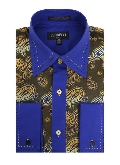 Ferrecci Men's Satine Hi-1019 Blue & Gold Tone Paisley Button Down Dress Shirt Ferrecci Men's Satine Hi-1019 Blue & Gold Tone Paisley Button Down Dress Shirt