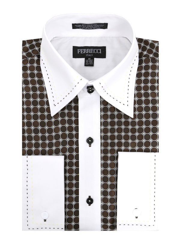 Ferrecci Men's Satine Hi-1022 Brown Circle Pattern Button Down Dress Shirt