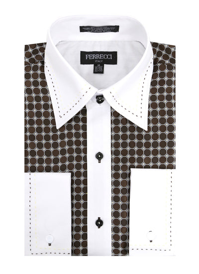 Ferrecci Men's Satine Hi-1022 Brown Circle Pattern Button Down Dress Shirt - FHYINC