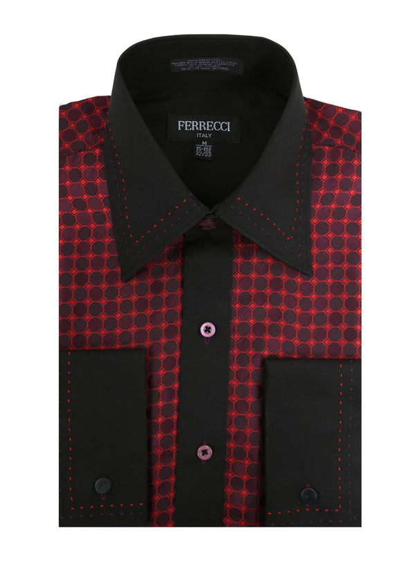 Ferrecci Men's Satine Hi-1023 Burgundy Red and Black Circle Pattern Button Down Dress Shirt