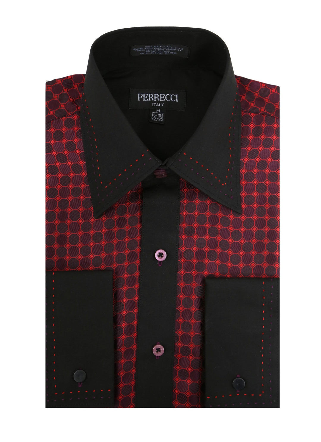 Ferrecci Men's Satine Hi-1023 Burgundy Red and Black Circle Pattern Button  Down Dress Shirt