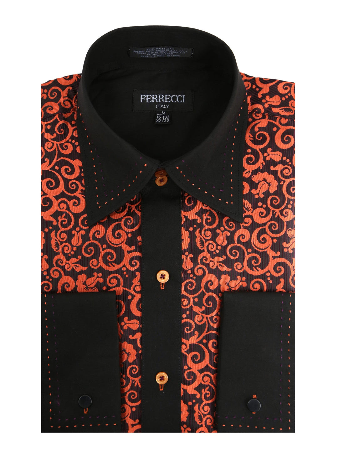Ferrecci Men's Satine Hi-1024 Black & Orange Scroll Pattern Button Down Dress Shirt 15. Med 34-35 Sleeve Ferrecci Men's Satine Hi-1024 Black & Orange Scroll Pattern Button Down Dress Shirt 15. Med 34-35 Sleeve