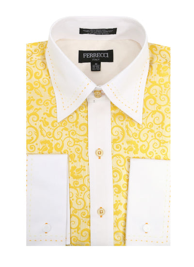 Ferrecci Men's Satine Hi-1026 Yellow Scroll Pattern Button Down Dress Shirt Ferrecci Men's Satine Hi-1026 Yellow Scroll Pattern Button Down Dress Shirt