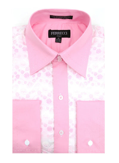 Ferrecci Men's Satine Hi-1031 Pink Flower Pattern Button Down Dress Shirt - FHYINC