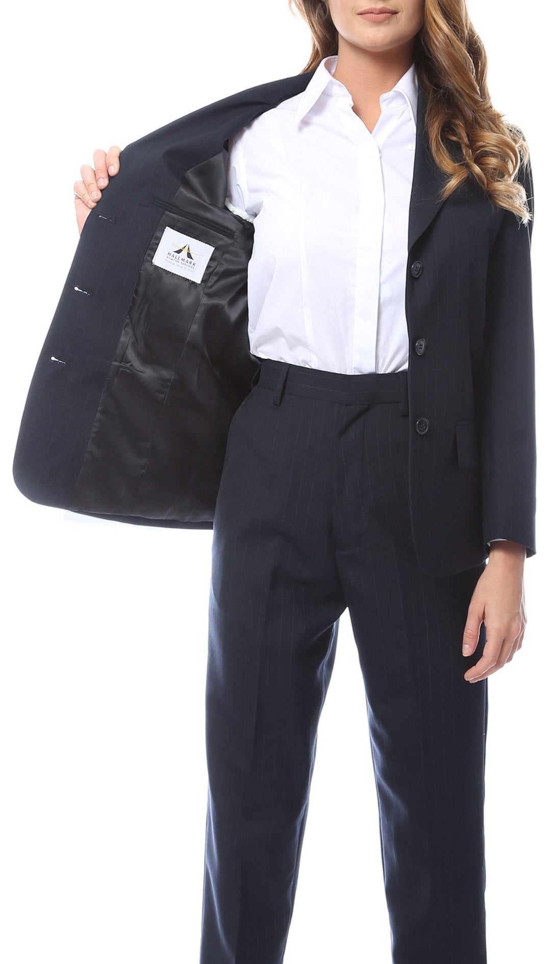 Womens Navy Pinstripe Business Casual Uniform Blazer - FHYINC best men&