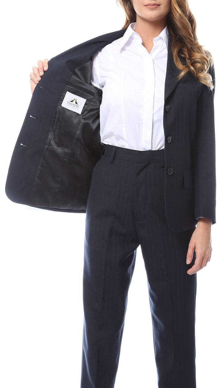 Womens Navy Pinstripe Business Casual Uniform Blazer - FHYINC best men&