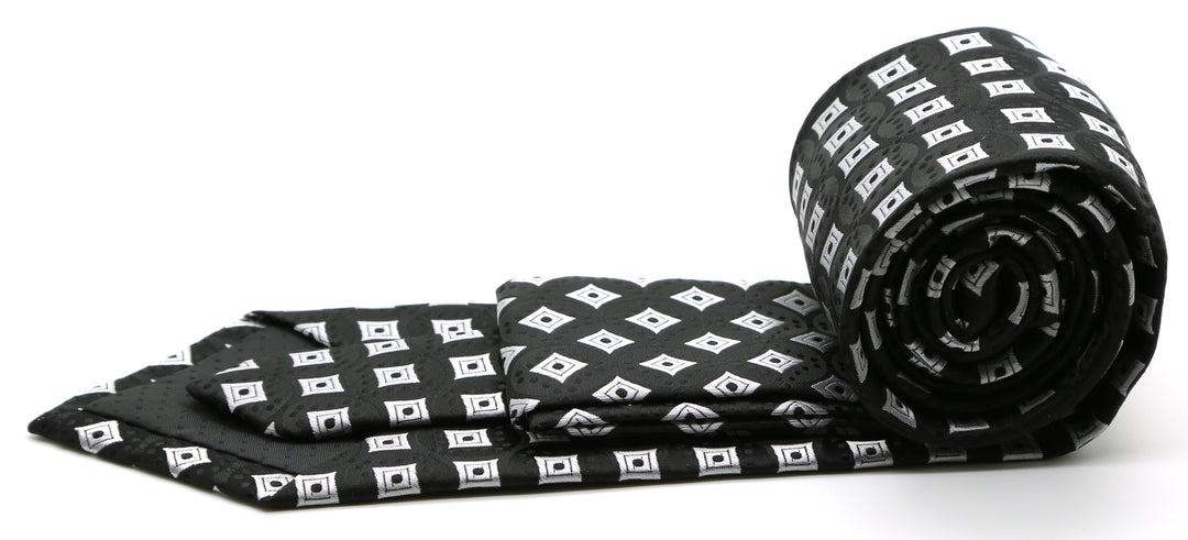Mens Dads Classic Black Geometric Pattern Business Casual Necktie &amp; Hanky Set I-1 - FHYINC best men&