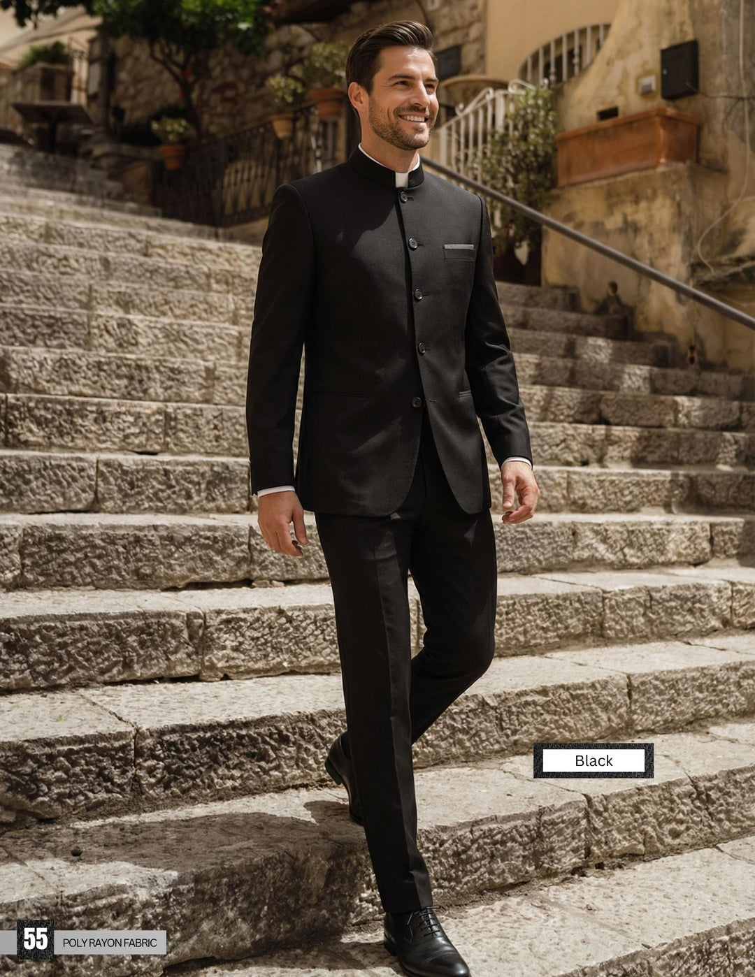 Ferrecci black mandarin collar 2 piece suit, 5-button front, poly rayon fabric