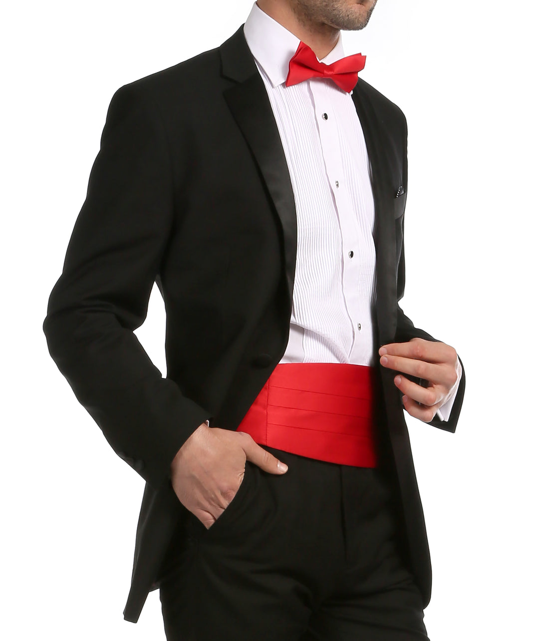 Ferrecci Satin Cummerbund & Bow Tie Set – Red, worn with black tuxedo