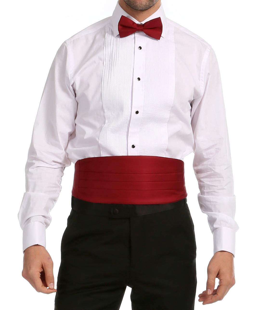 Ferrecci Satin Cummerbund & Bow Tie Set – Burgundy, worn with tuxedo shirt