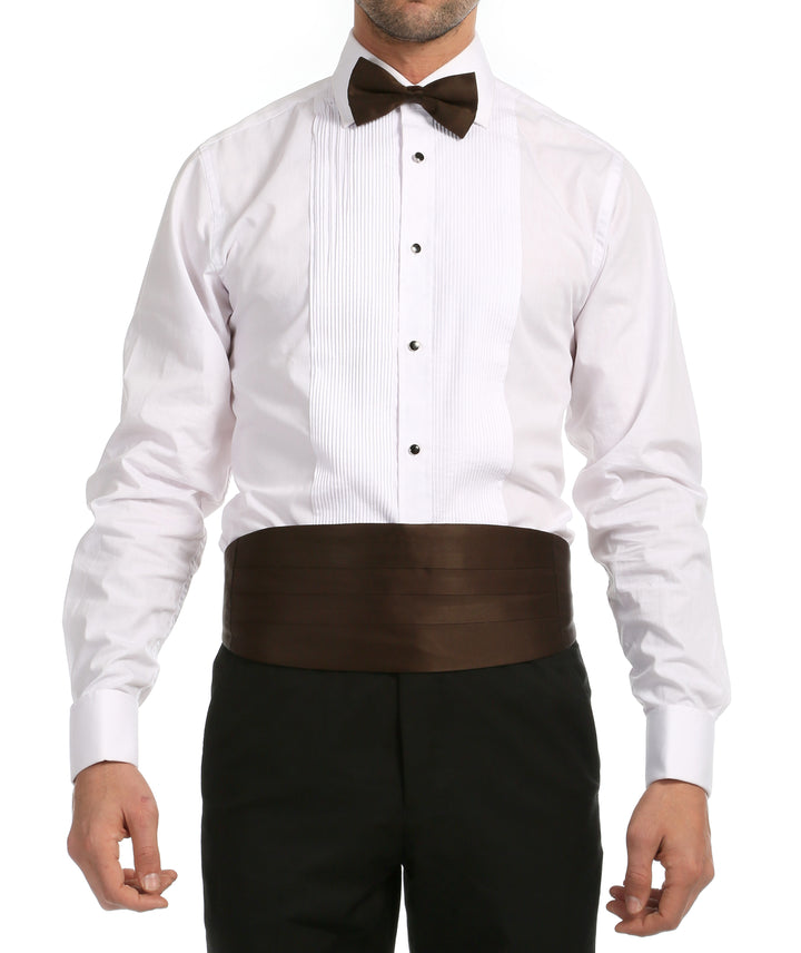 Ferrecci Satin Cummerbund &amp; Bow Tie Set – Brown, worn with tuxedo shirt
