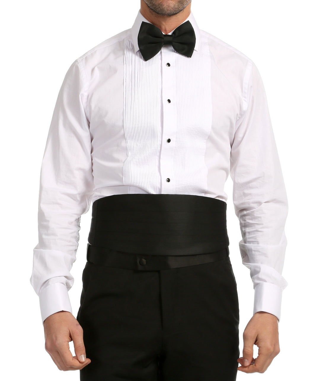 Ferrecci Satin Cummerbund & Bow Tie Set – Black, worn with tuxedo shirt