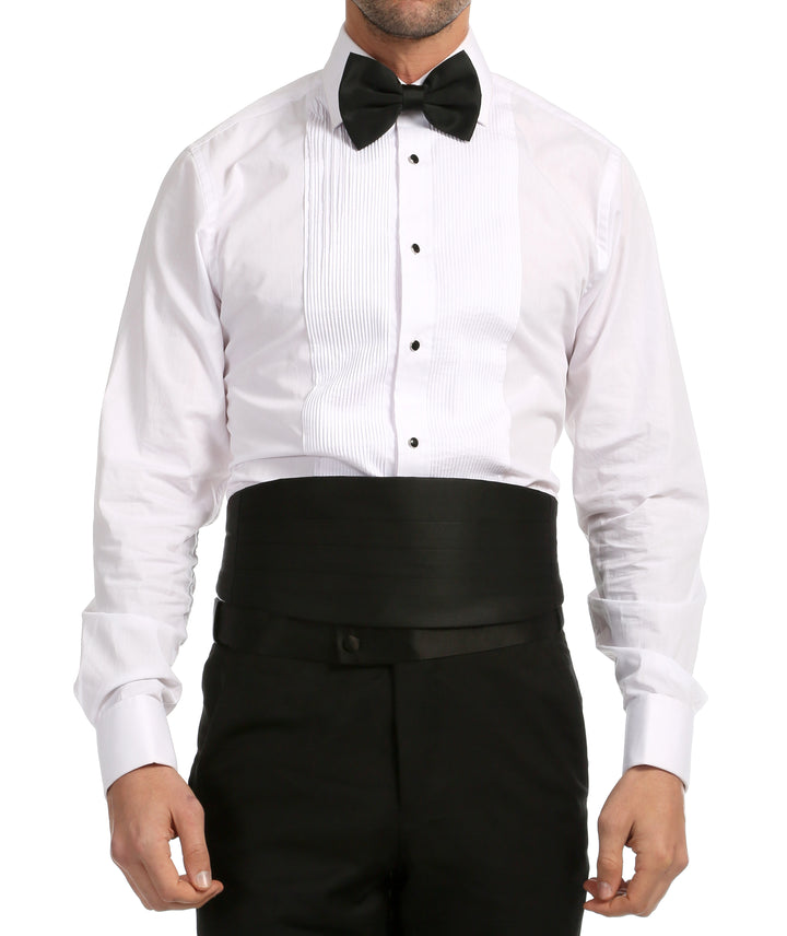 Ferrecci Satin Cummerbund &amp; Bow Tie Set – Black, worn with tuxedo shirt