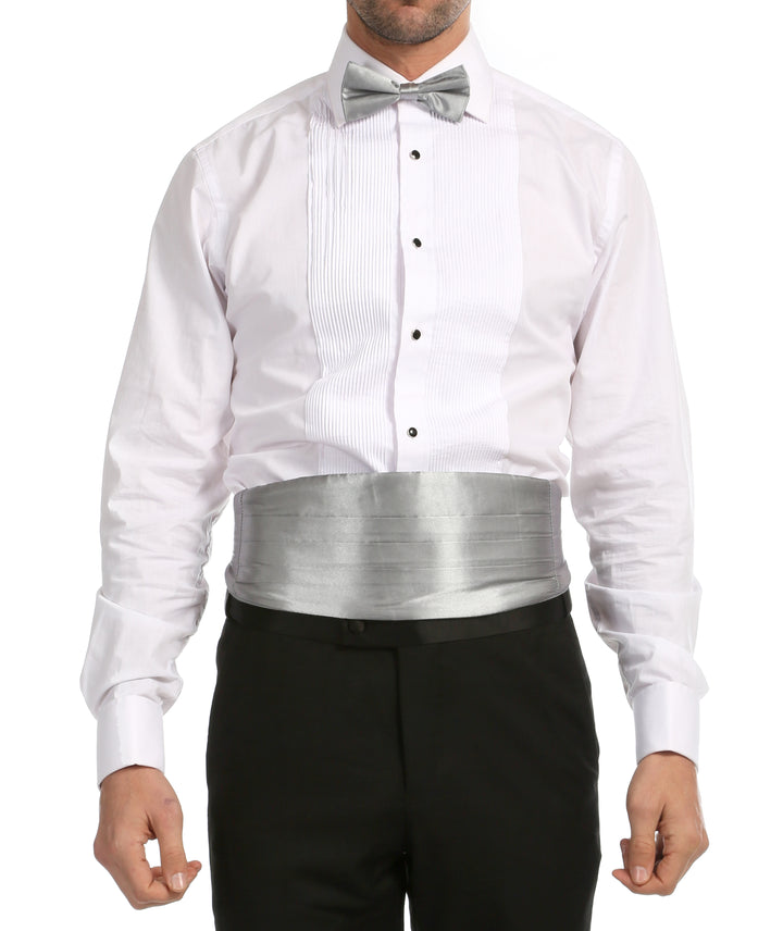 Ferrecci Satin Cummerbund &amp; Bow Tie Set – Grey, worn with tuxedo shirt