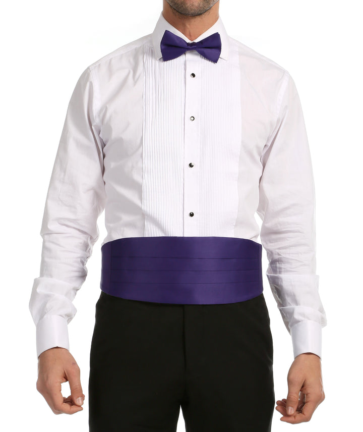 Ferrecci Satin Cummerbund &amp; Bow Tie Set – Purple, worn with tuxedo shirt