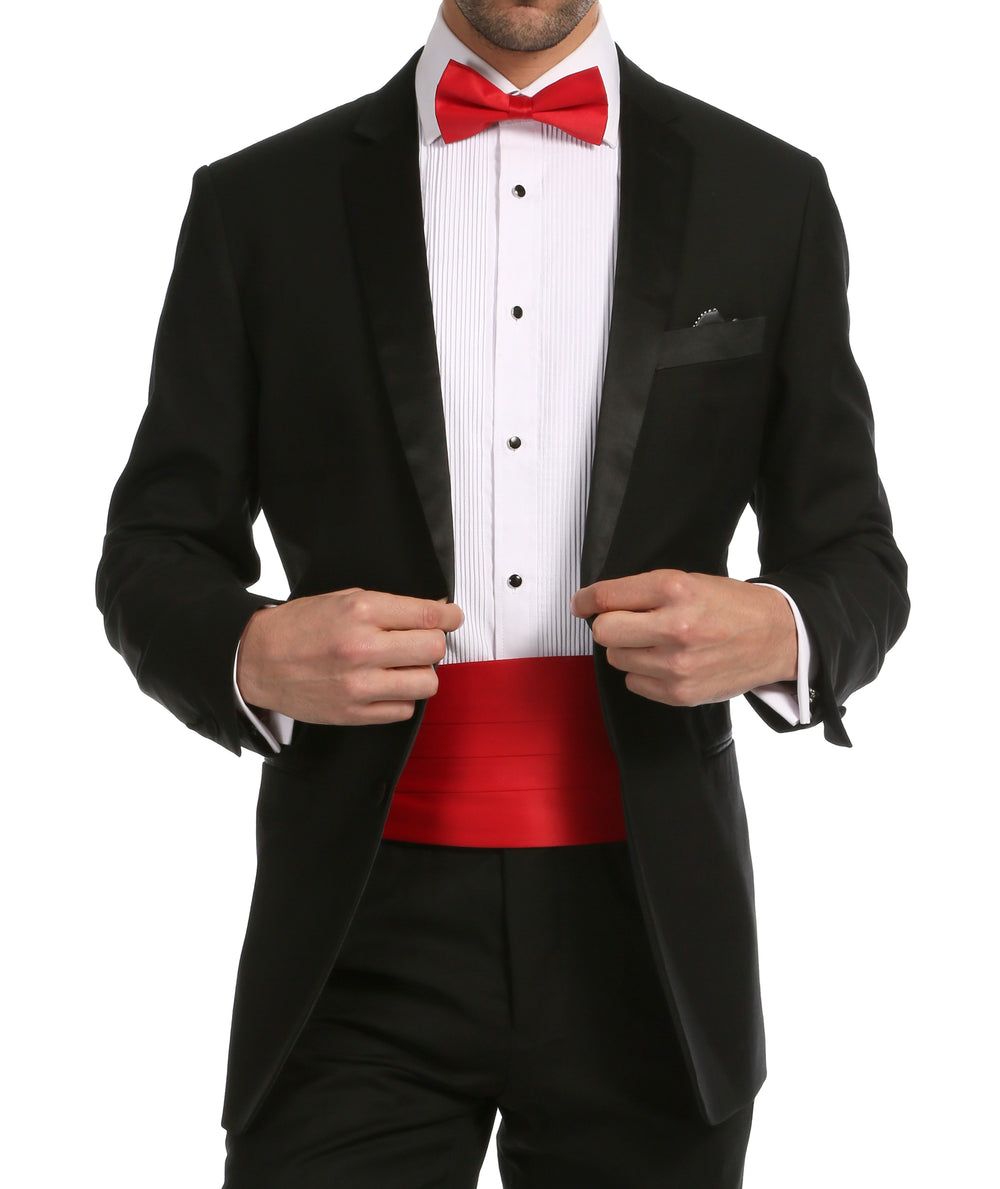 Ferrecci Satin Cummerbund & Bow Tie Set – Red, worn with black tuxedo, front view