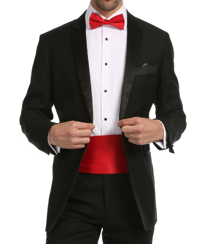Ferrecci Satin Cummerbund &amp; Bow Tie Set – Red, worn with black tuxedo, front view