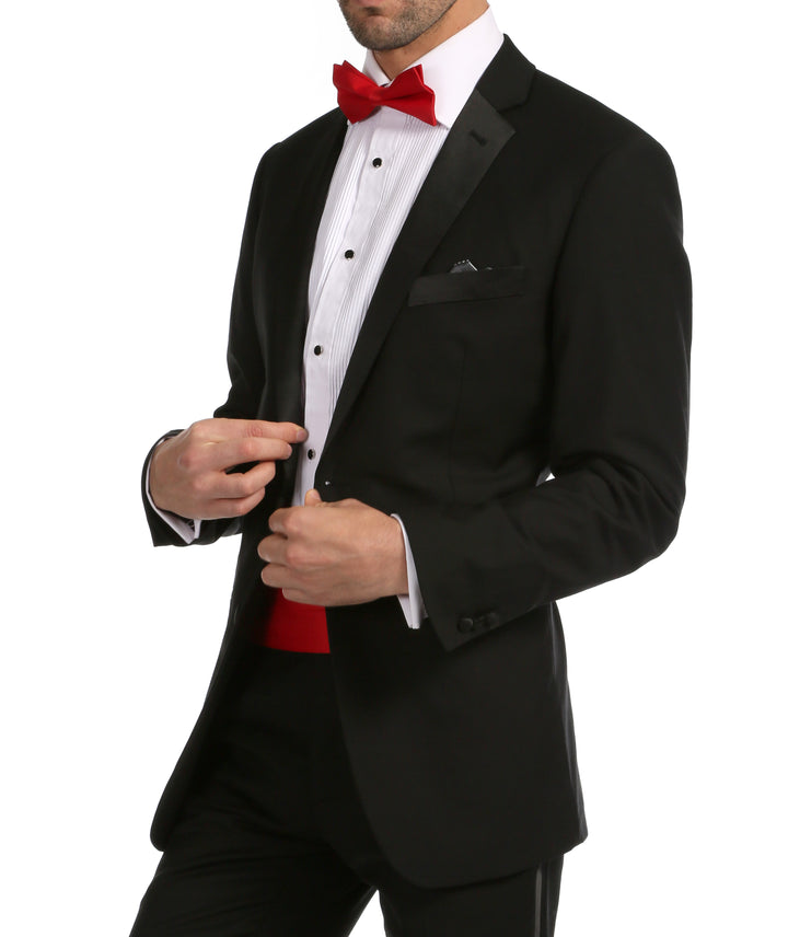 Ferrecci Satin Cummerbund &amp; Bow Tie Set – Red, worn with black tuxedo, side view