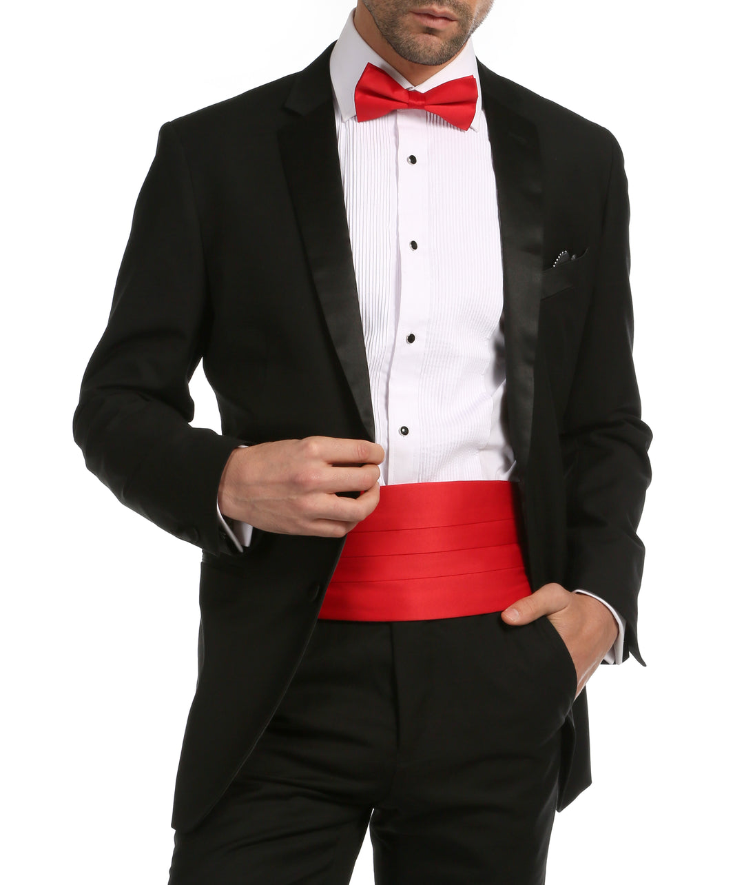 Ferrecci Satin Cummerbund &amp; Bow Tie Set – Red, worn with black tuxedo, open jacket