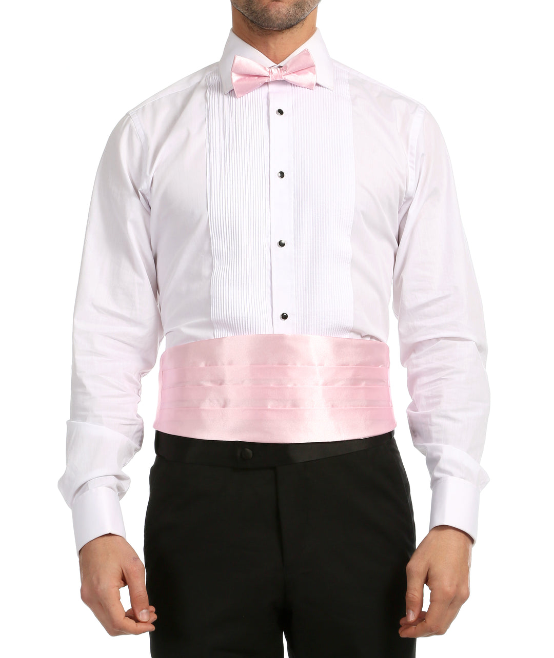 Ferrecci Satin Cummerbund & Bow Tie Set – Rose, worn with tuxedo shirt