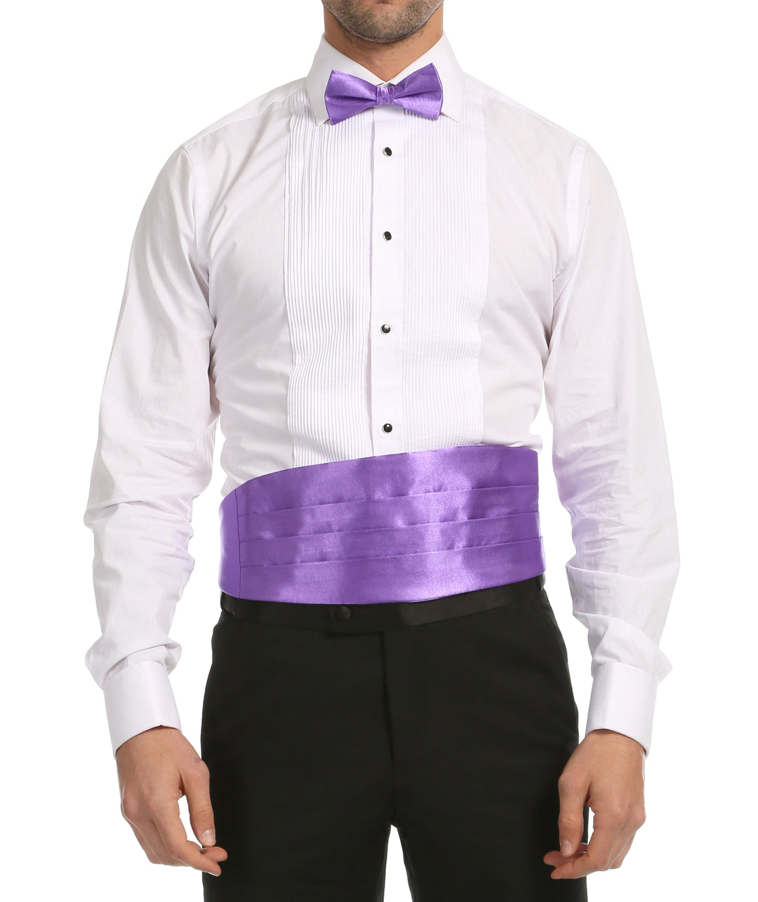Ferrecci Satin Cummerbund & Bow Tie Set – Lilac, worn with tuxedo shirt