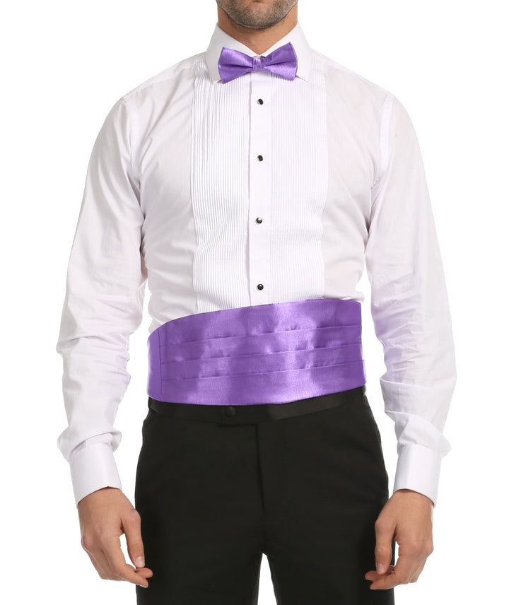 Ferrecci Satin Cummerbund &amp; Bow Tie Set – Lilac, worn with tuxedo shirt