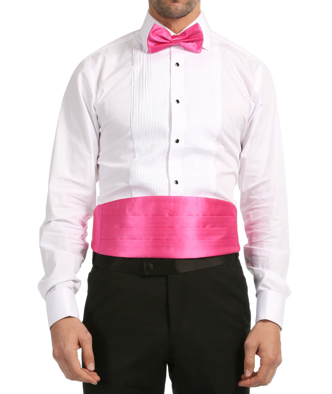 Ferrecci Satin Cummerbund & Bow Tie Set – Fuchsia, worn with tuxedo shirt
