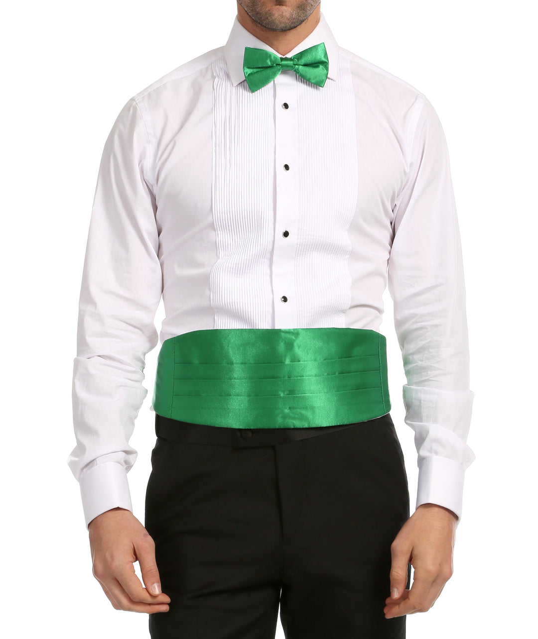 Ferrecci Satin Cummerbund & Bow Tie Set – Green, worn with tuxedo shirt