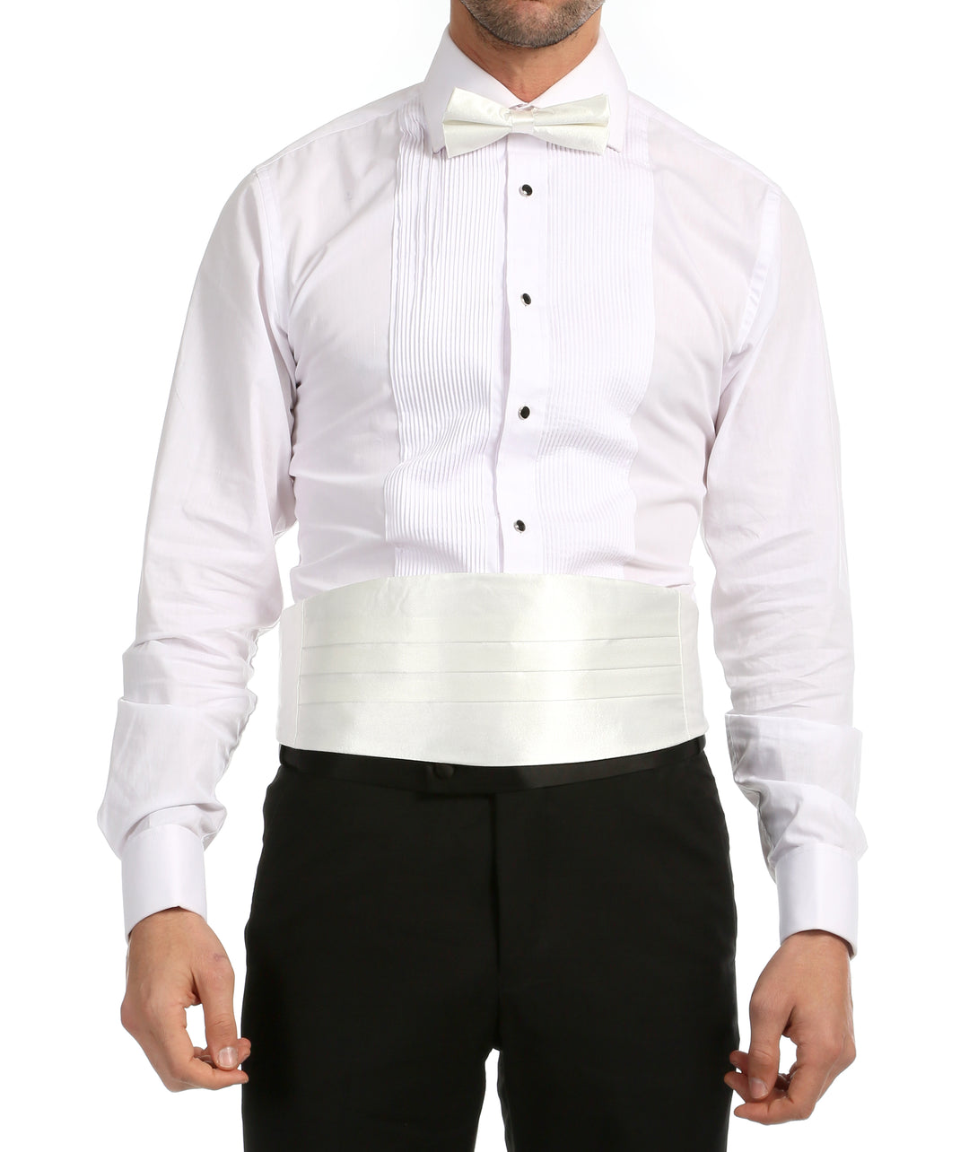 Ferrecci Satin Cummerbund & Bow Tie Set – White, worn with tuxedo shirt