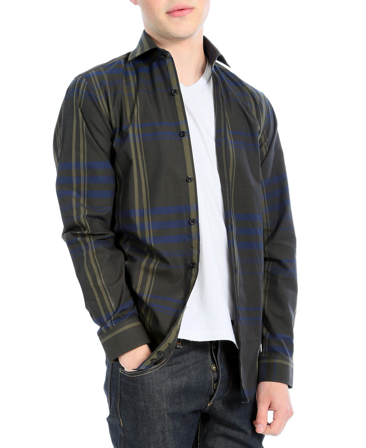 Olive Striped Slim Fit Casual Shirt - Jasper - FHYINC best men&