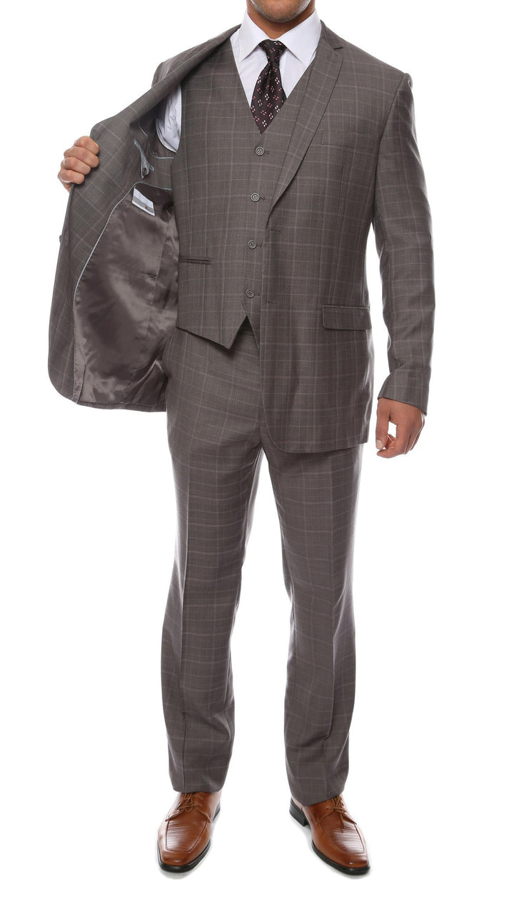 Lazio Charcoal 3pc Vested Slim Fit Plaid Suit - FHYINC best men&