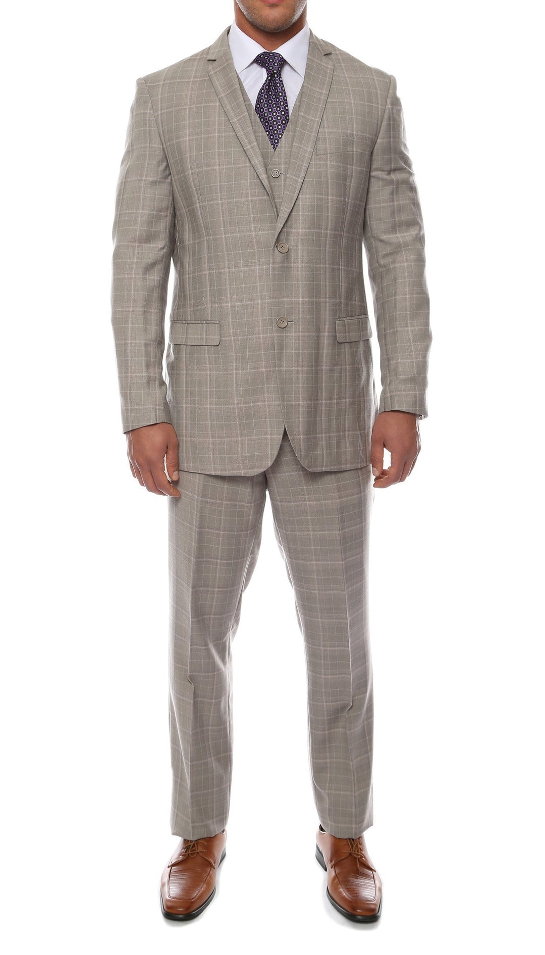 Lazio Taupe Grey 3pc Vested Slim Fit Plaid Suit - FHYINC best men&