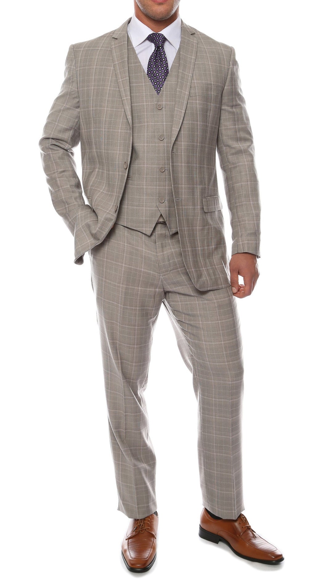 Lazio Taupe Grey 3pc Vested Slim Fit Plaid Suit - FHYINC best men&