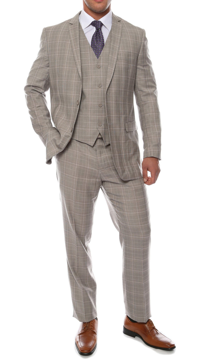Lazio Taupe Grey 3pc Vested Slim Fit Plaid Suit - FHYINC best men&