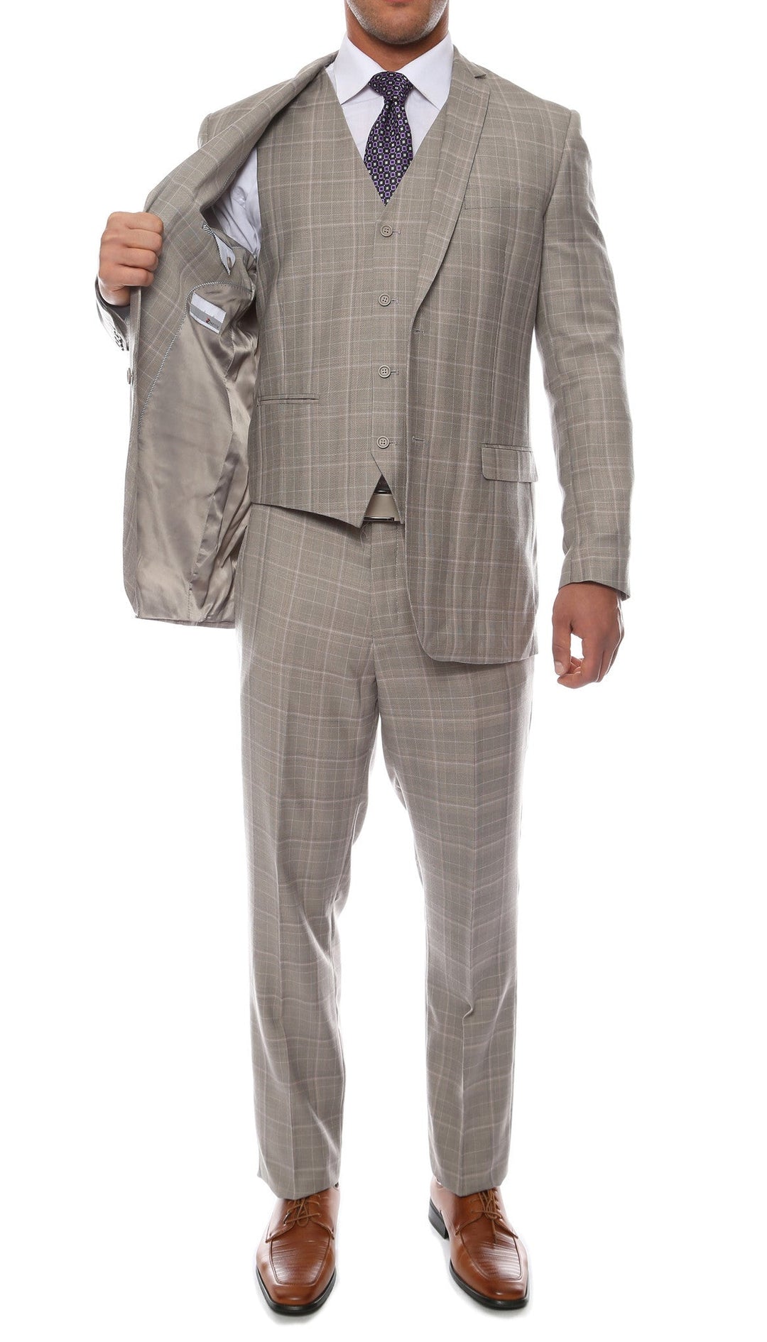 Lazio Taupe Grey 3pc Vested Slim Fit Plaid Suit - FHYINC best men&