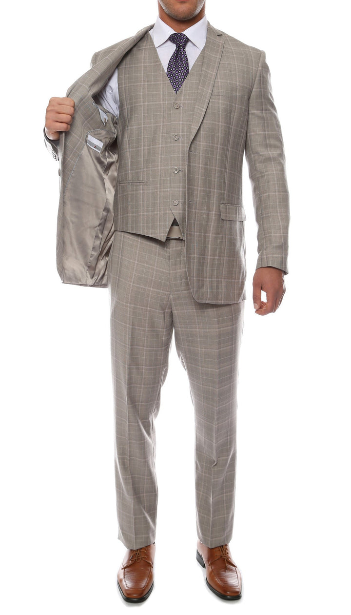 Lazio Taupe Grey 3pc Vested Slim Fit Plaid Suit - FHYINC best men&