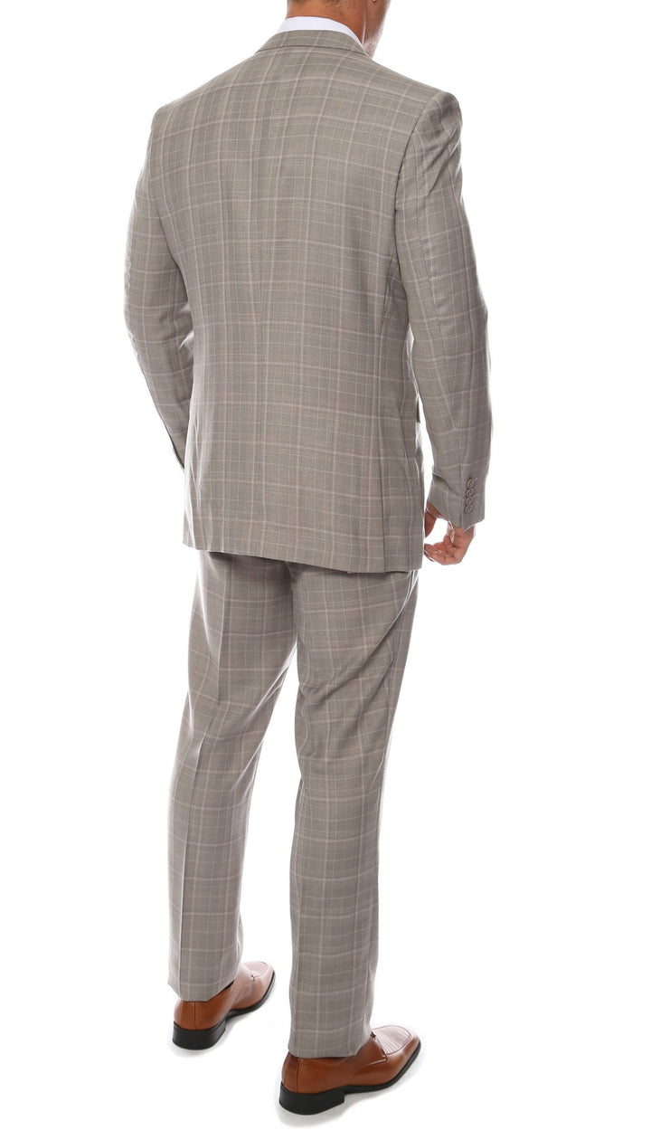 Lazio Taupe Grey 3pc Vested Slim Fit Plaid Suit - FHYINC best men&