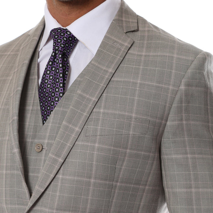 Lazio Taupe Grey 3pc Vested Slim Fit Plaid Suit - FHYINC best men&