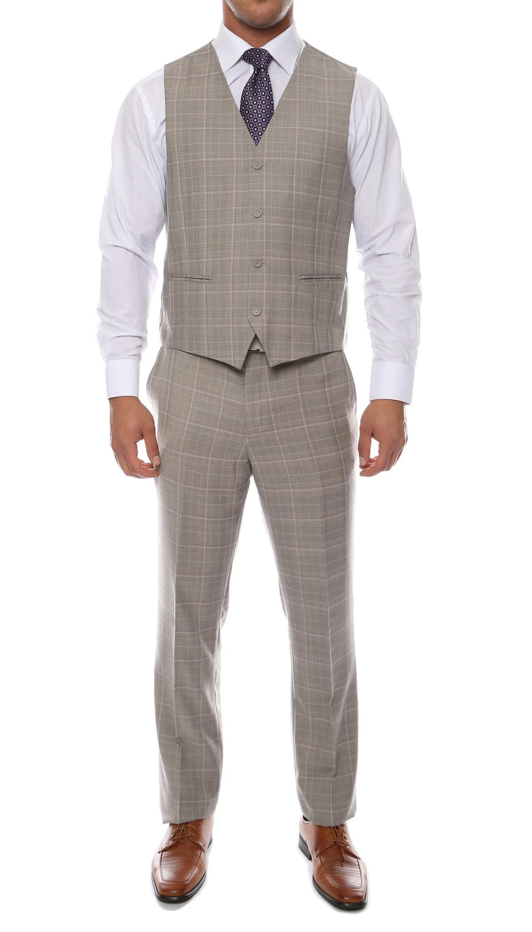 Lazio Taupe Grey 3pc Vested Slim Fit Plaid Suit - FHYINC best men&
