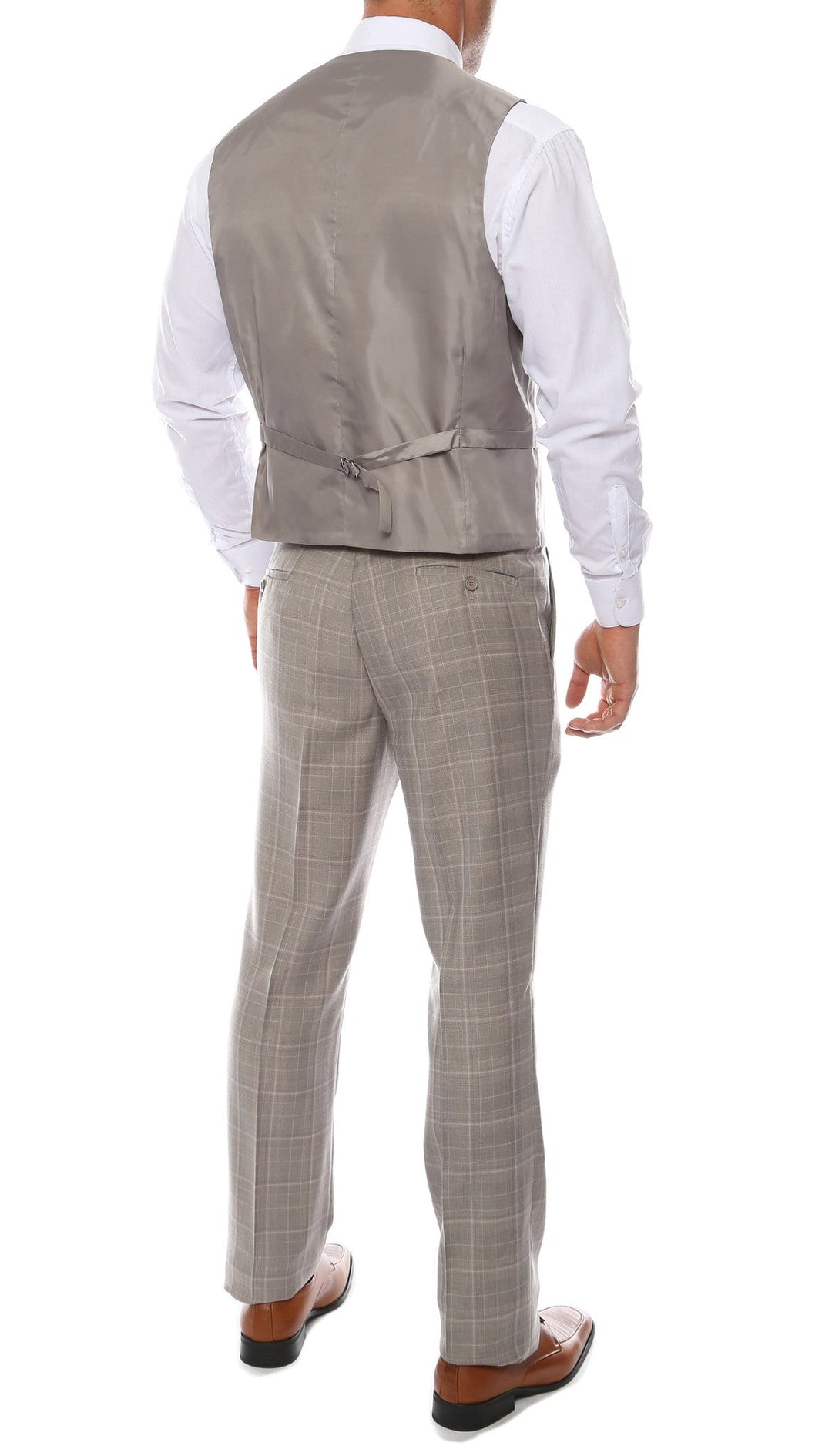 Lazio Taupe Grey 3pc Vested Slim Fit Plaid Suit - FHYINC best men&