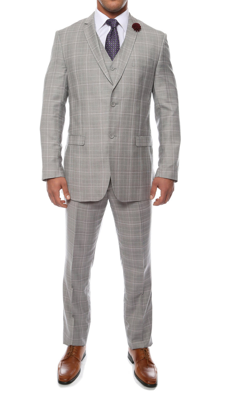 Lazio Light Grey 3pc Vested Slim Fit Plaid Suit - FHYINC best men&
