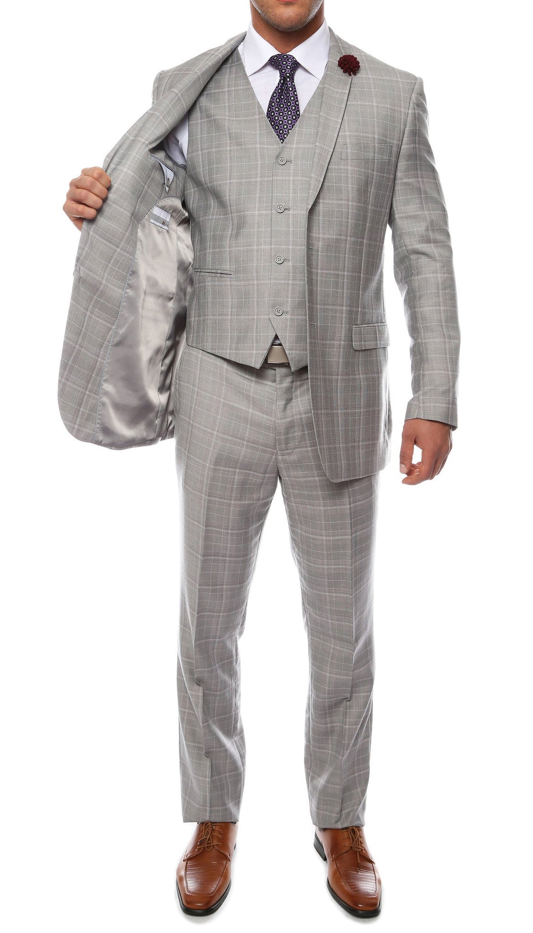 Lazio Light Grey 3pc Vested Slim Fit Plaid Suit - FHYINC best men&