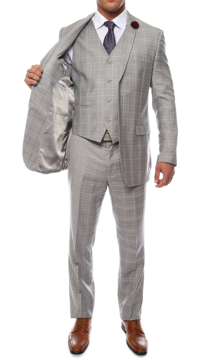 Lazio Light Grey 3pc Vested Slim Fit Plaid Suit - FHYINC best men&