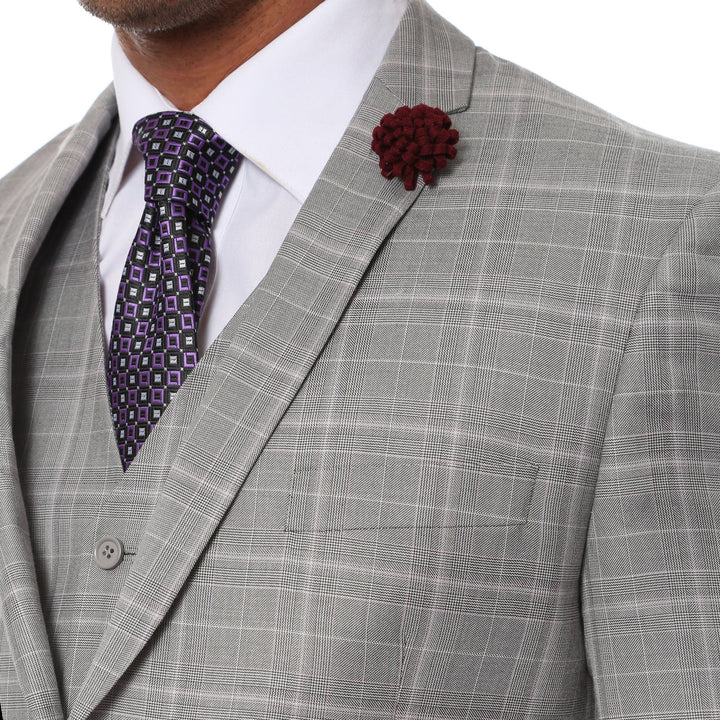 Lazio Light Grey 3pc Vested Slim Fit Plaid Suit - FHYINC best men&