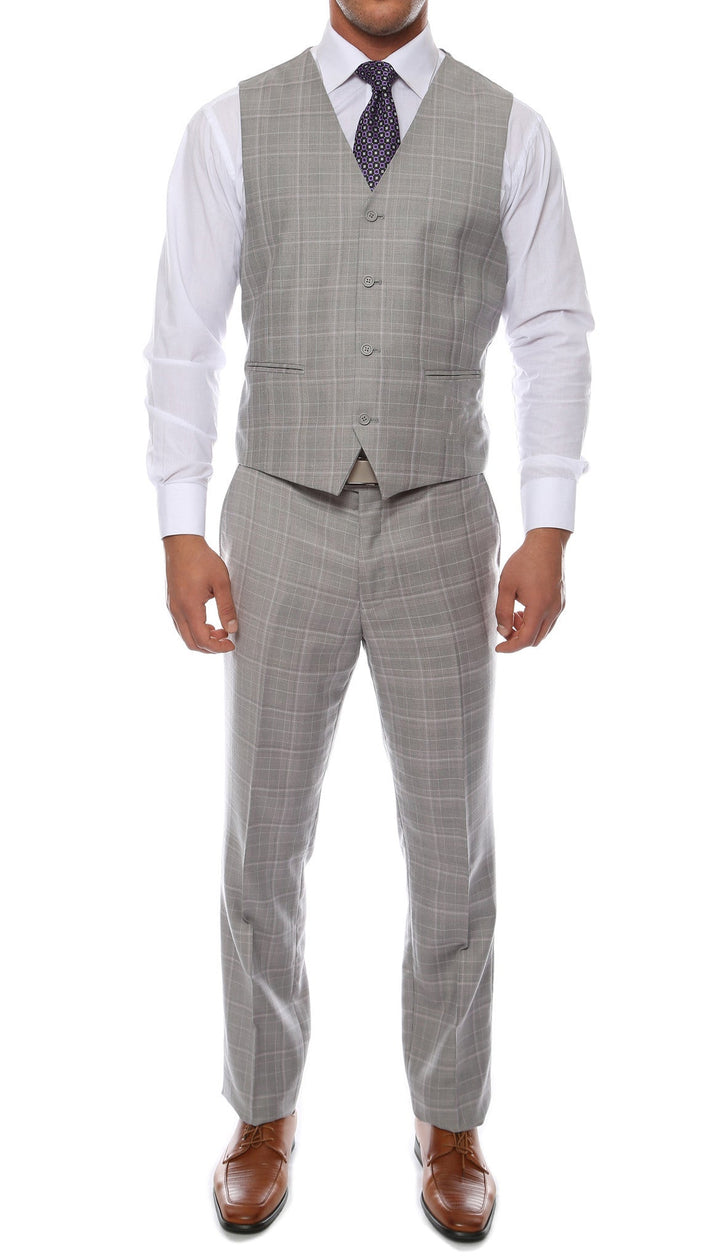 Lazio Light Grey 3pc Vested Slim Fit Plaid Suit - FHYINC best men&