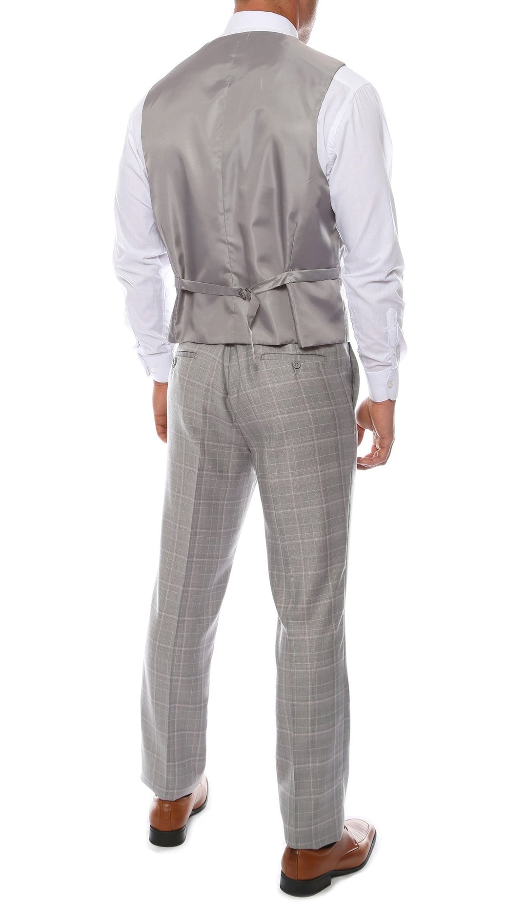 Lazio Light Grey 3pc Vested Slim Fit Plaid Suit - FHYINC best men&
