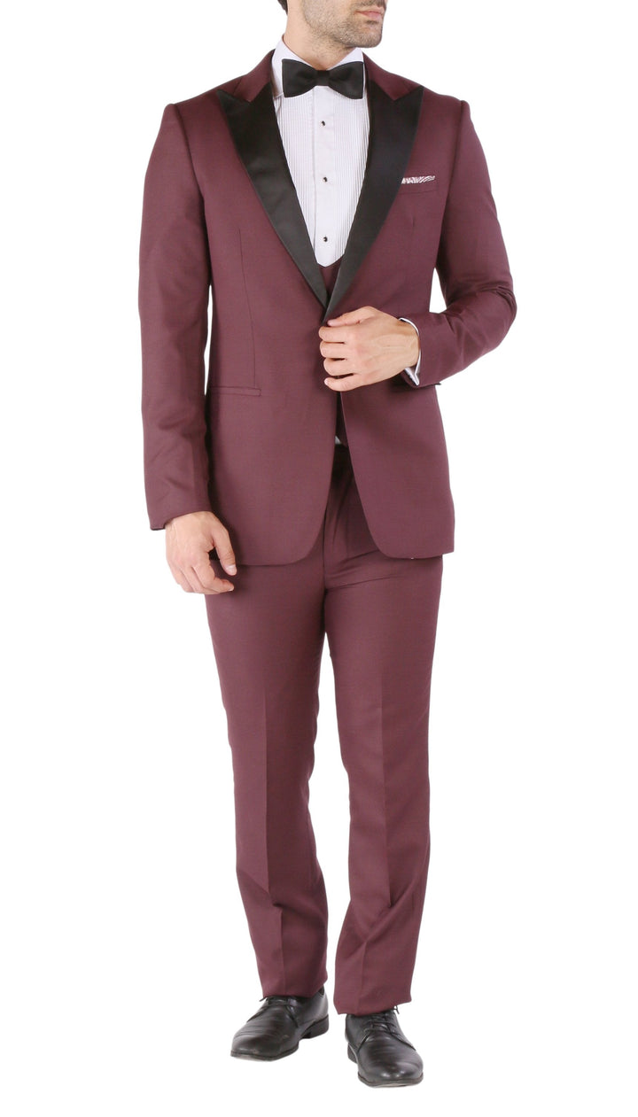 Luna 3pc Slim Fit Bugundy Peak Lapel Tuxedo - FHYINC best men&