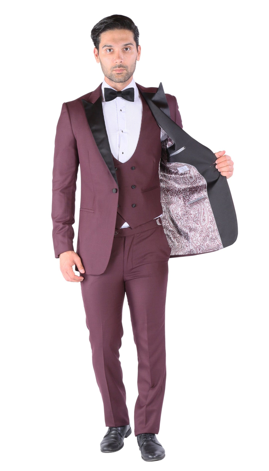 Luna 3pc Slim Fit Bugundy Peak Lapel Tuxedo - FHYINC best men&